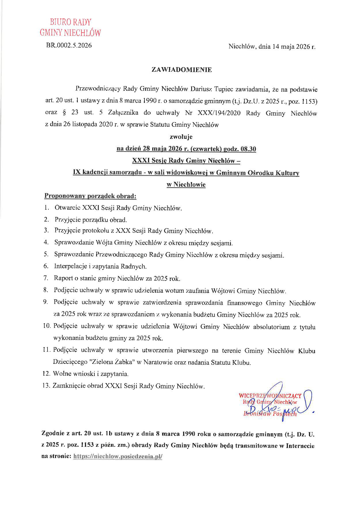 Zawiadomienie o XXXI Sesji Rady Gminy Niechlów