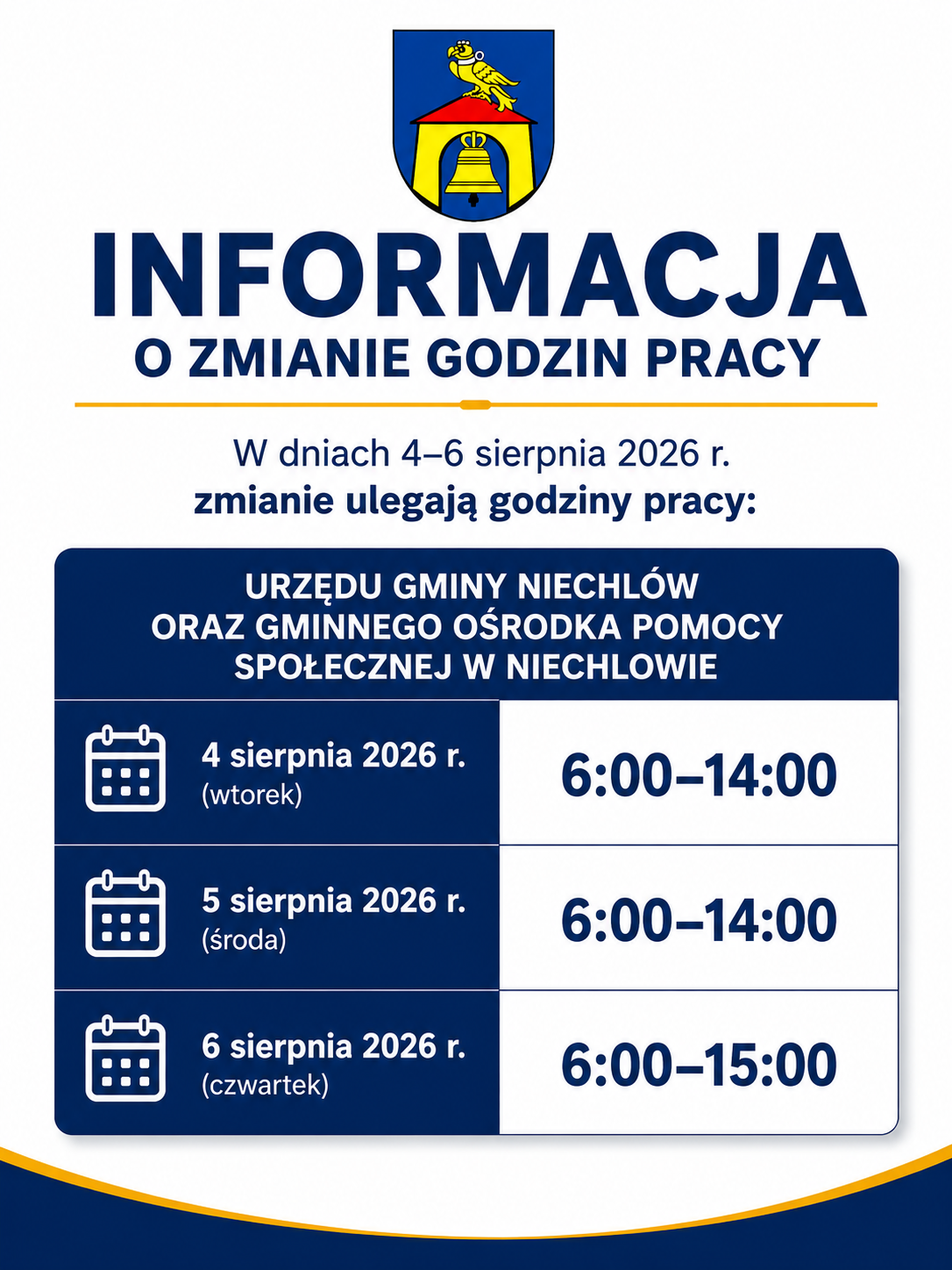 Informacja o zmianie godzin pracy Urzędu Gminy Niechlów - 4-6 sierpnia 2026 r.